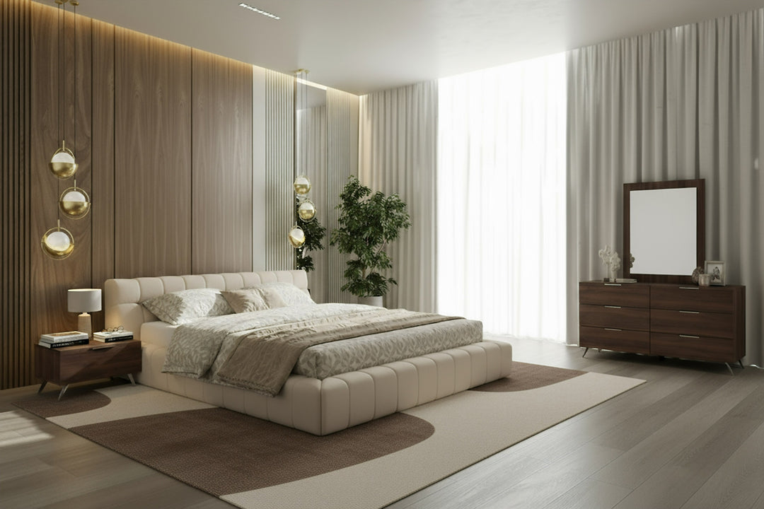 Tyree + Brooklyn - Modern Off-White Fabric + Walnut 4-Piece Bedroom Set