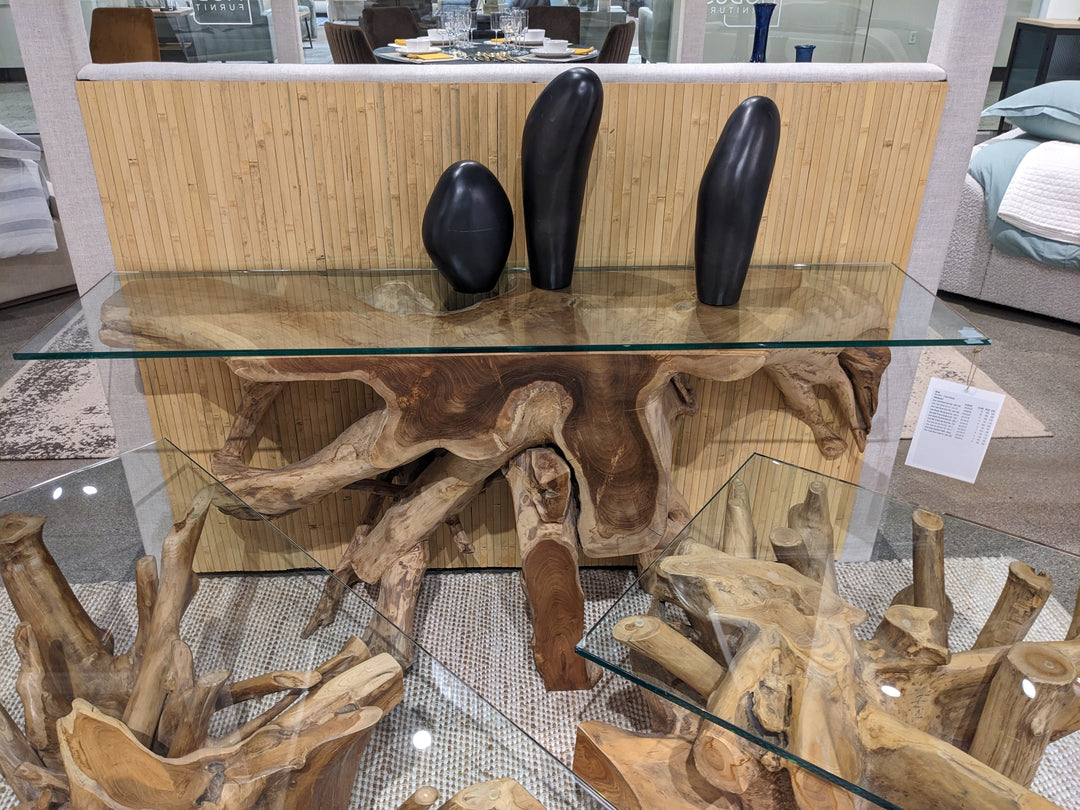 Modus Furniture Jvhs23 One Solid Teak Root Glass Top Console Table