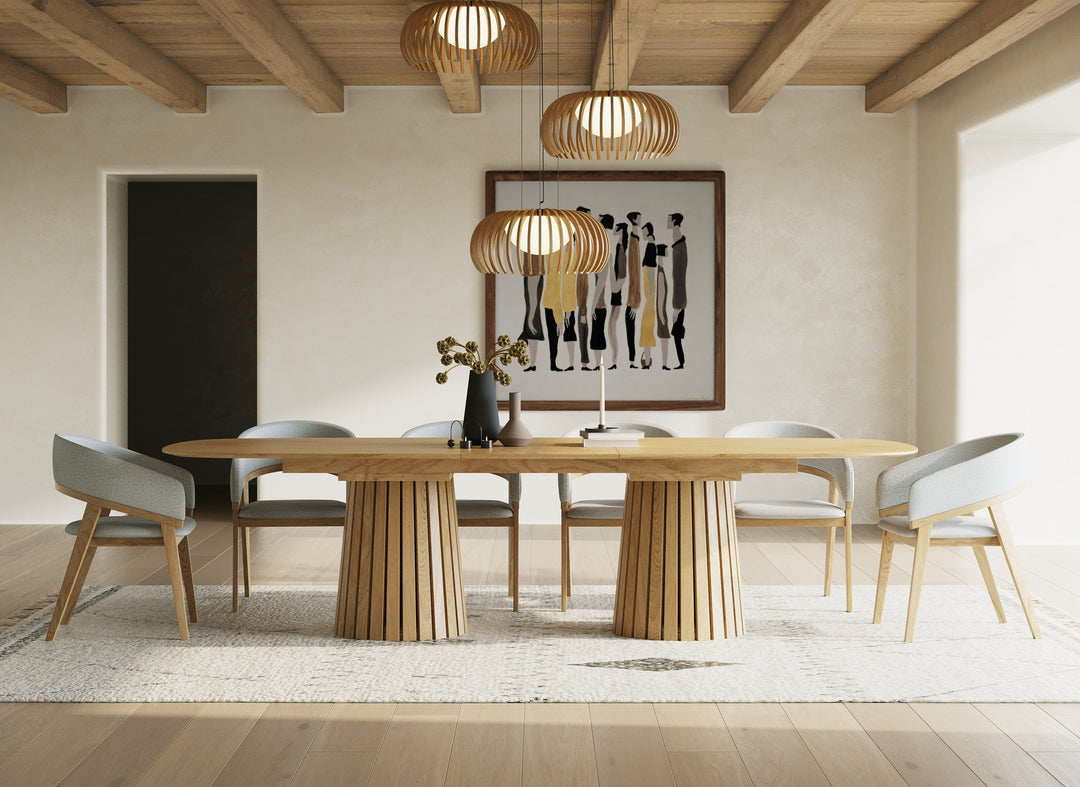 Truman - Mid-Century Modern Natural Oak Extendable Dining Table + 6 Chairs Set