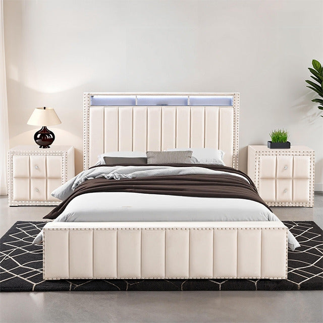 Farese Queen Bed W/ 2 Nightstands, Beige
