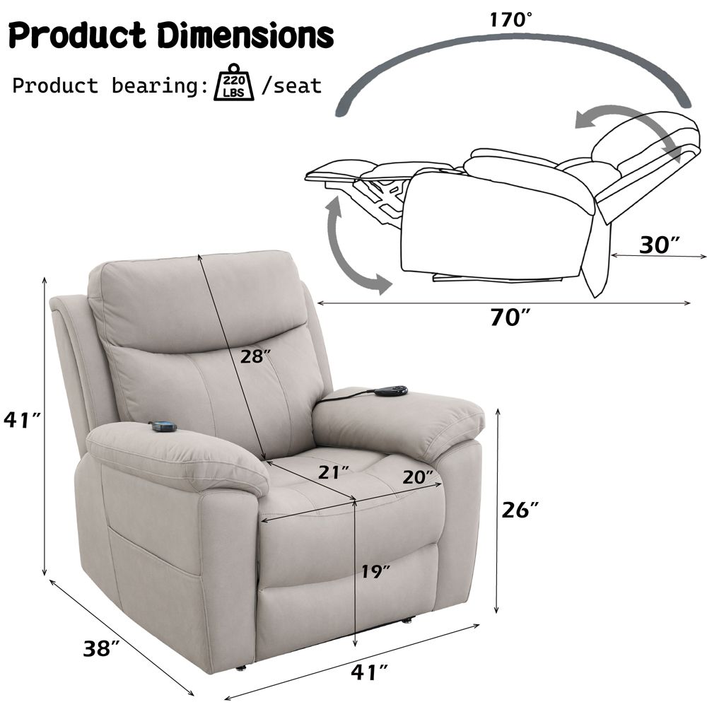 Chriki Power Recliner w/Lift & Heating & Massage – dimensions diagram