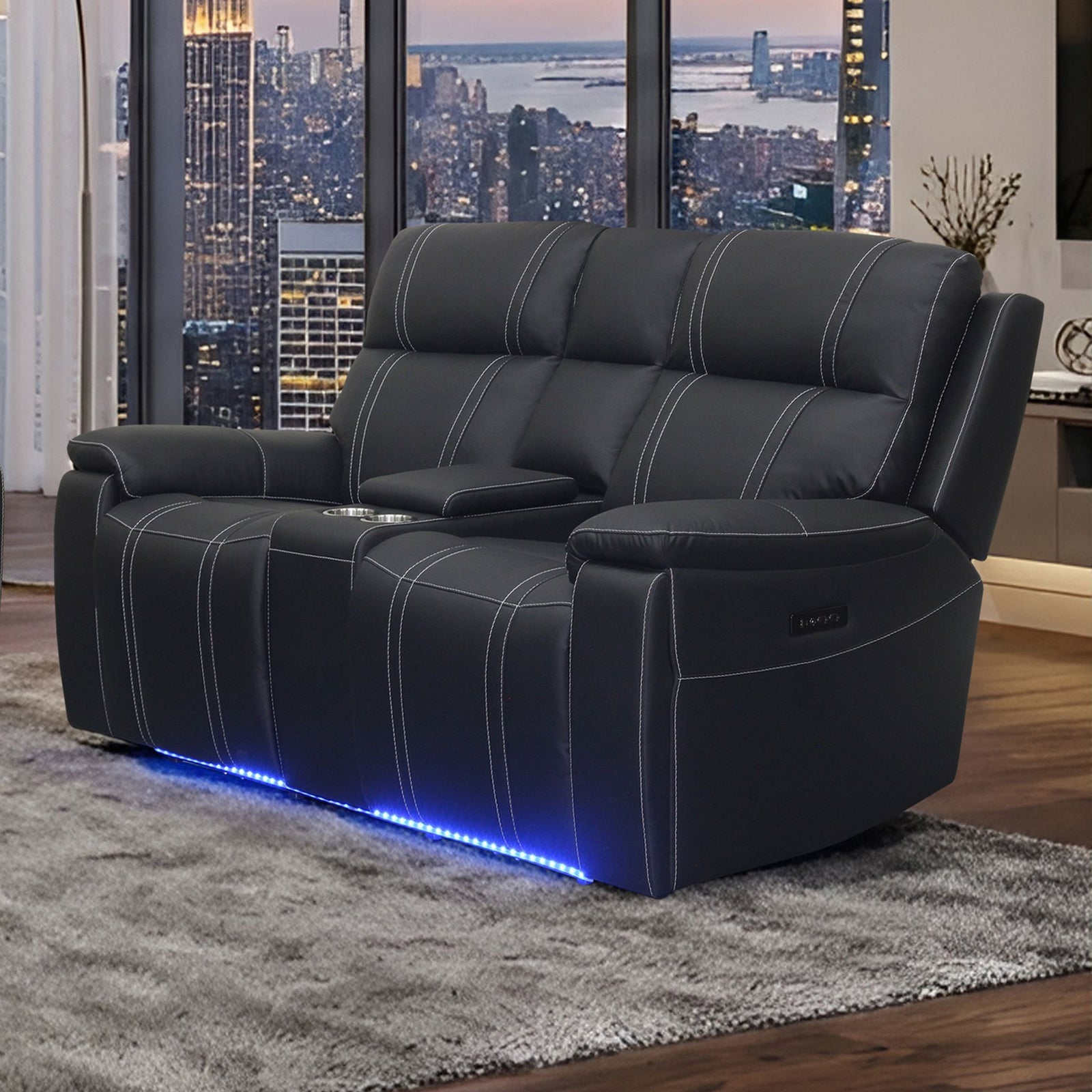 Hartley Reclining Leather Console Loveseat W/pwr Hr & Fr-Blac