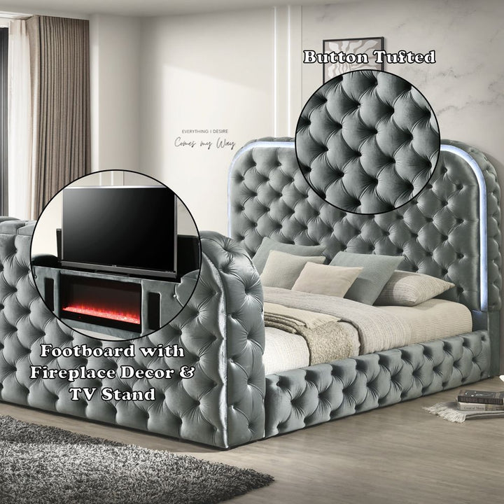 Kana Eastern King Bed w/LED, Fireplace &amp; TV Stand – features callout