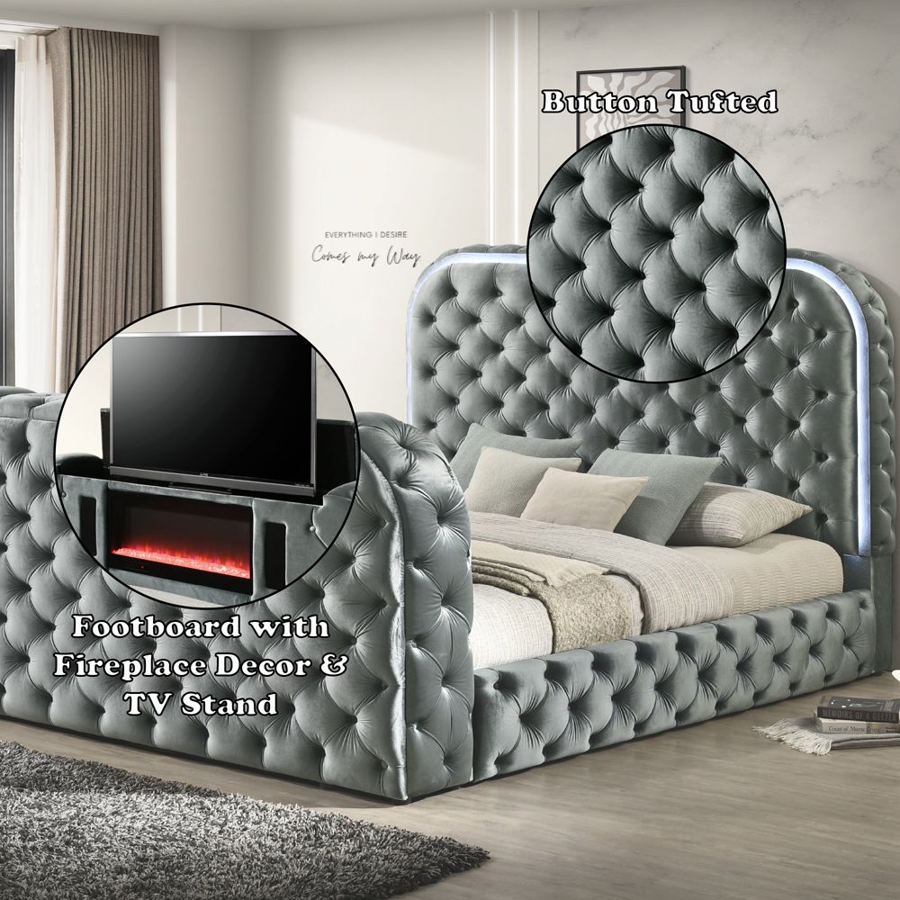 Kana Eastern King Bed w/LED, Fireplace & TV Stand – features callout