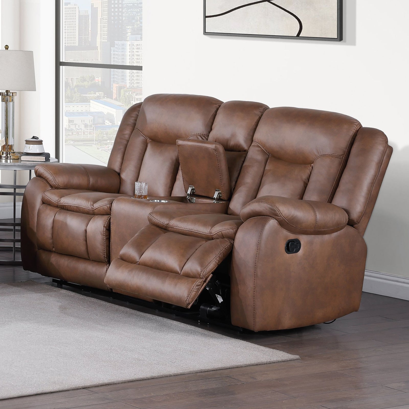 Morello  Console Loveseat W/ Dual Recliners-Brown