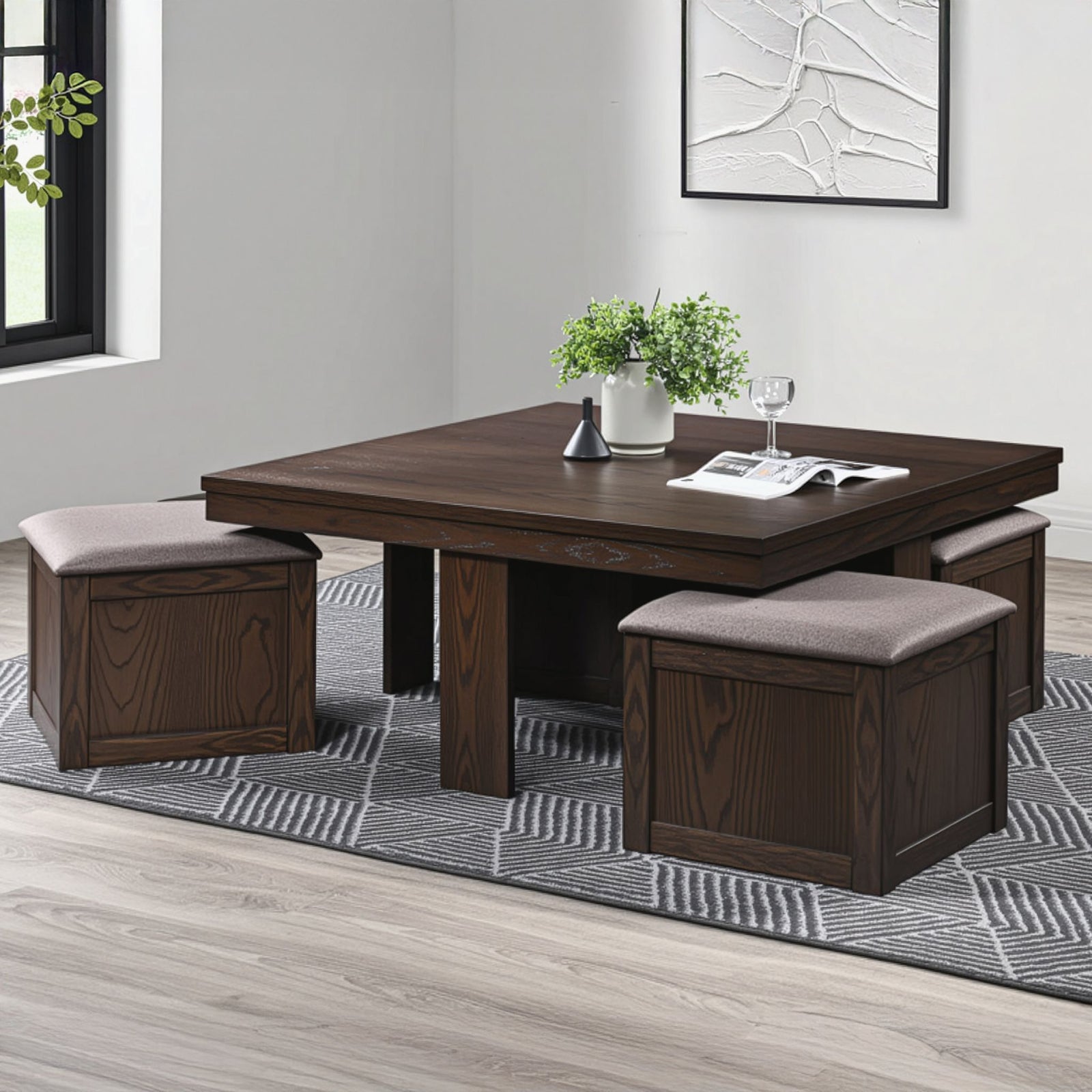 Paxton 5 Pc Storage Coffee Table W/ 4 Tuck-In Ottomans-Dk Bro