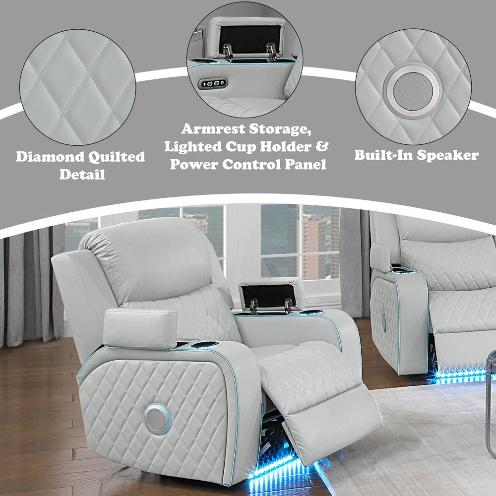 Elonzo Power Motion Recliner w w/LED, Power Headrest & Speaker – features callout