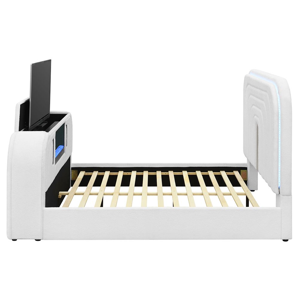 Shelyn Queen Bed with LED, TV Cabinet, Fireplace & Bluetooth