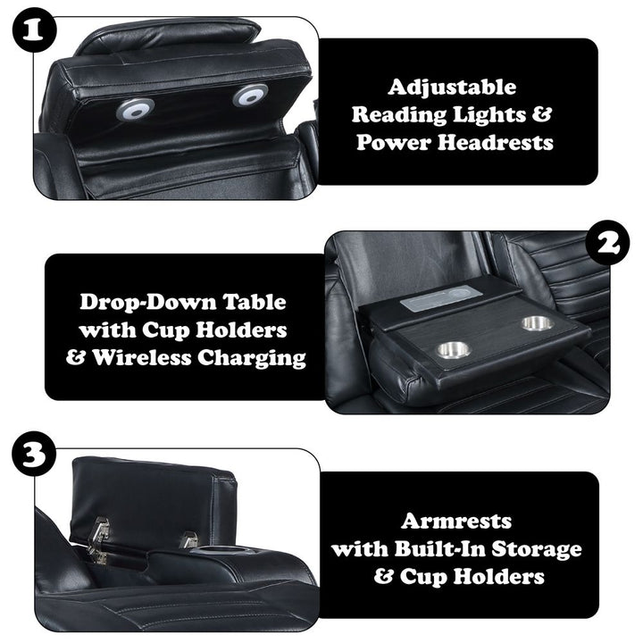 Ephron Power Motion Sofa W/Dropdown Table, Wireless Charging, Reading Light, Power Headrests &amp; LED – features callout
