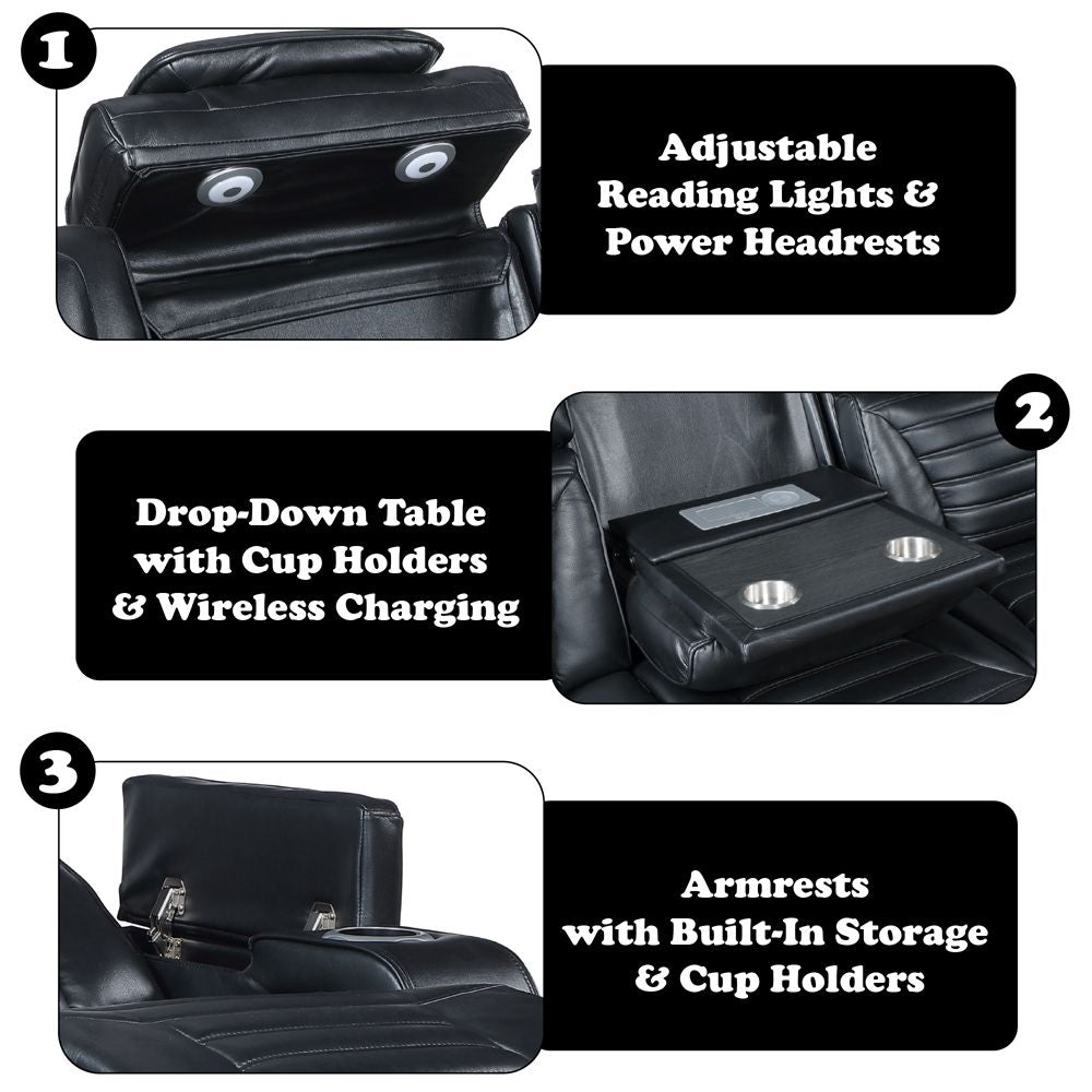 Ephron Power Motion Sofa W/Dropdown Table, Wireless Charging, Reading Light, Power Headrests & LED – features callout