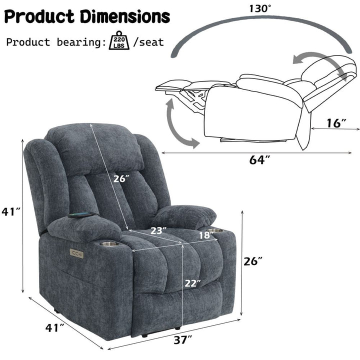 Omarion Power Recliner w/Lift, Heating &amp; Massage – dimensions diagram