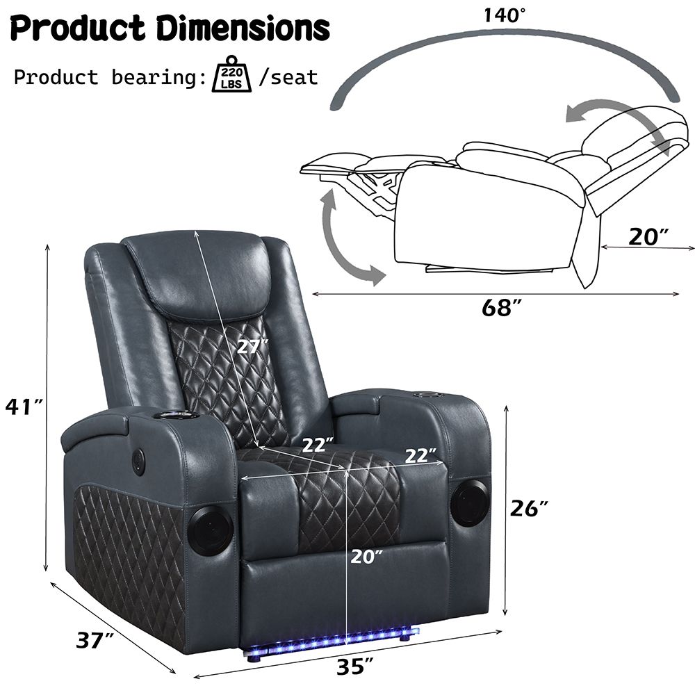Alair Power Motion Recliner W/Bluetooth, Wireless Charger & Cupholder – dimensions diagram