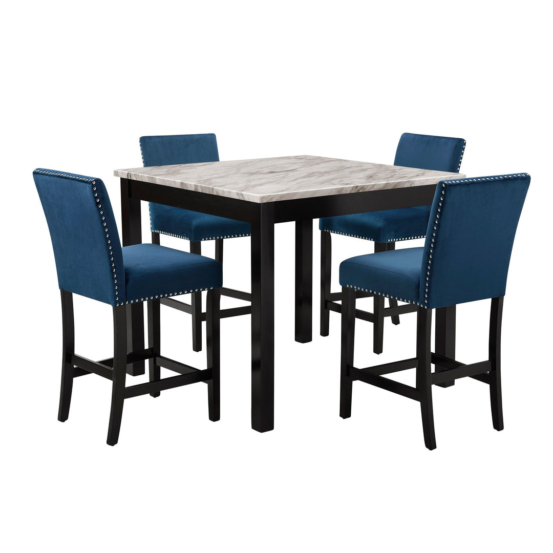 Celeste 5pc 42" Marble Finish Counter Table & 4 Chairs-Blue