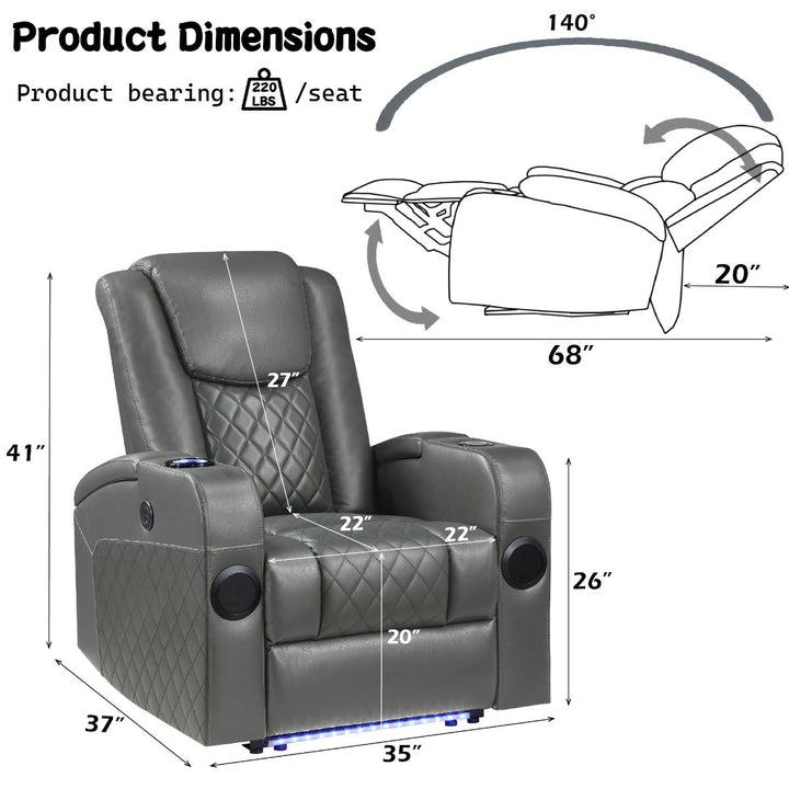 Alair Power Motion Recliner W/Bluetooth, Wireless Charger &amp; Cupholder – dimensions diagram
