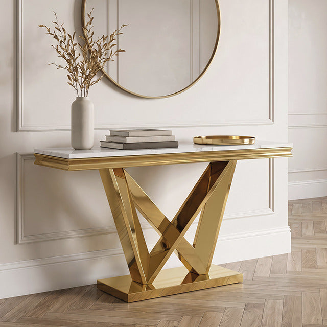 Villarsglane Sofa Table, Gold/White - view 5