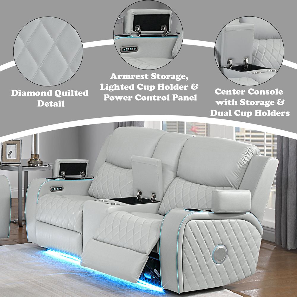 Elonzo Power Motion Loveseat w/Console, LED, Power Headrest & Speaker – features callout