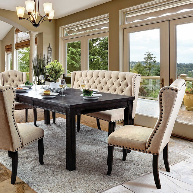 Sania 6 Pc Dining Table Set W/ Bench, Antique Black/Beige