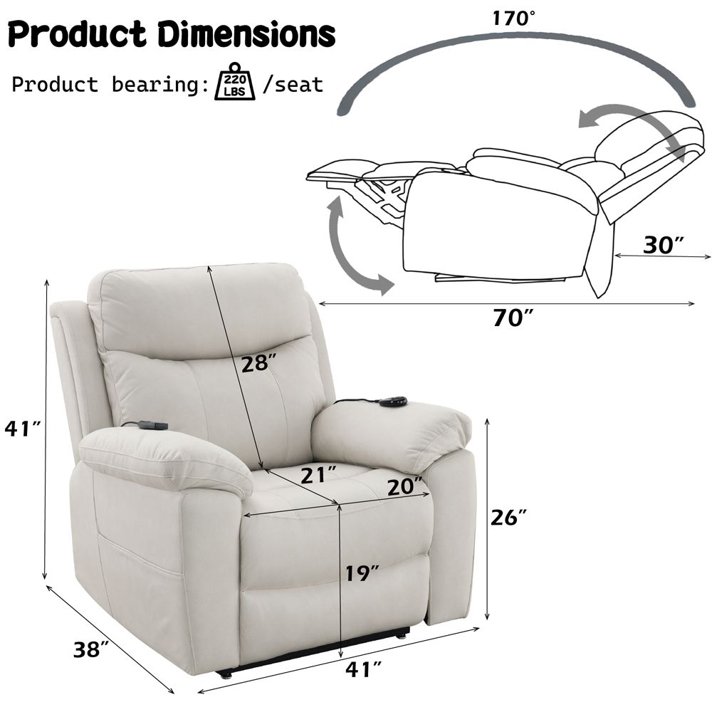 Chriki Power Recliner w/Lift & Heating & Massage – dimensions diagram