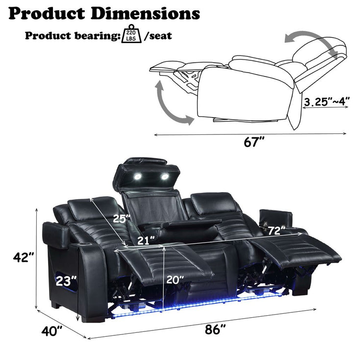 Ephron Power Motion Sofa W/Dropdown Table, Wireless Charging, Reading Light, Power Headrests &amp; LED – dimensions diagram