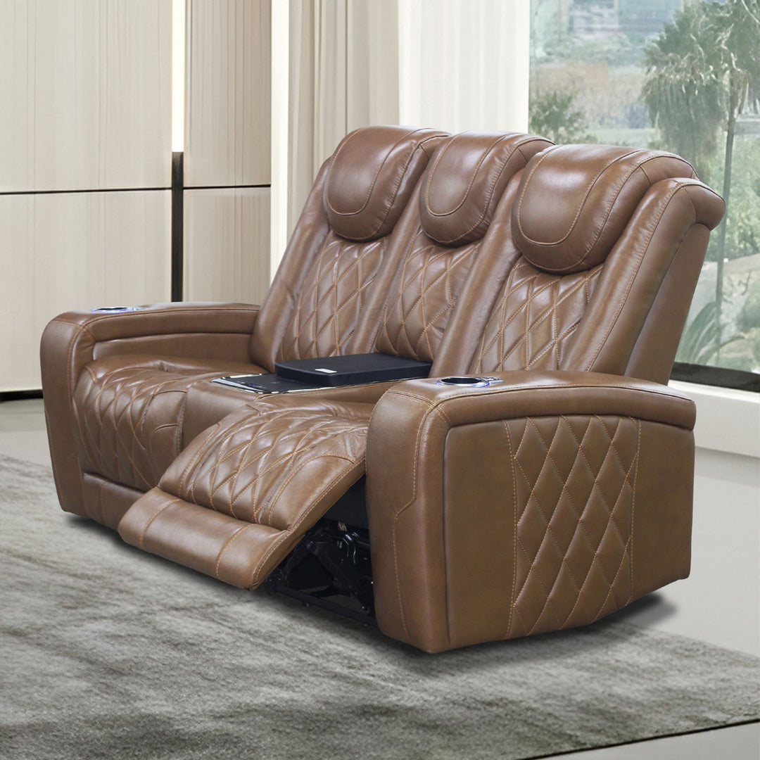 Dorian Reclining Leather Loveseat W/pwr Hr, Fr & Cooler-Brown