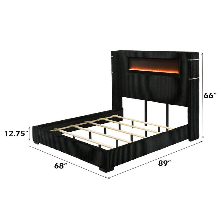Garner Queen Bed w/Fireplace, LED, Reading Light, Speaker, Bluetooth &amp; USB – dimensions diagram
