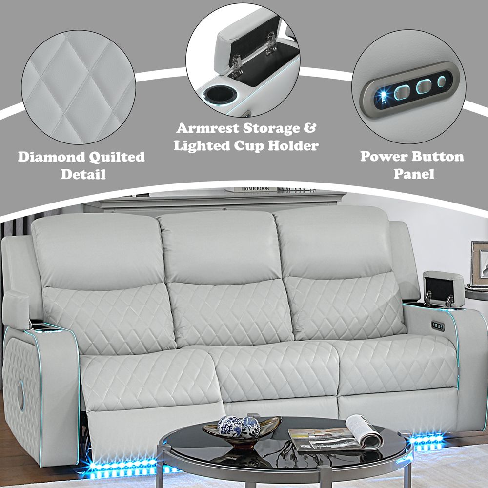 Elonzo Power Motion Sofa w/LED, Power Headrest & Speaker – features callout