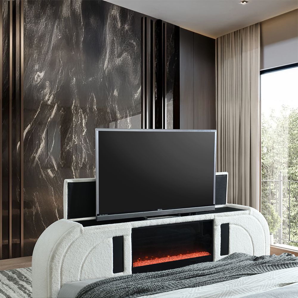 Shelyn Queen Bed with LED, TV Cabinet, Fireplace & Bluetooth
