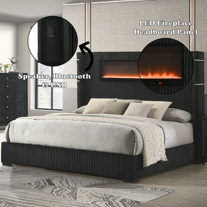 Garner Queen Bed w/Fireplace, LED, Reading Light, Speaker, Bluetooth &amp; USB – features callout