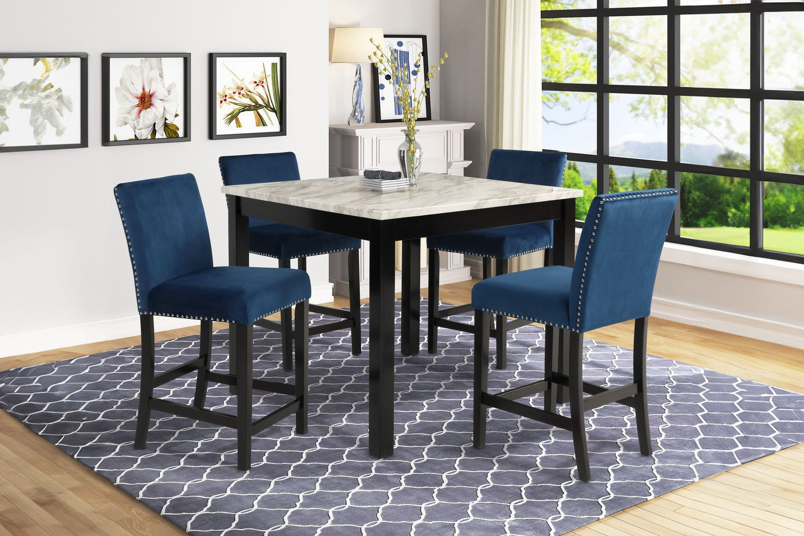Celeste 5pc 42" Marble Finish Counter Table & 4 Chairs-Blue