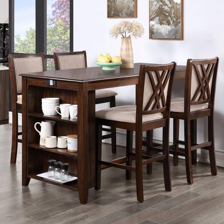Amy 5 Pc 60" Counter Storage Table+chairs-Brown Cherry