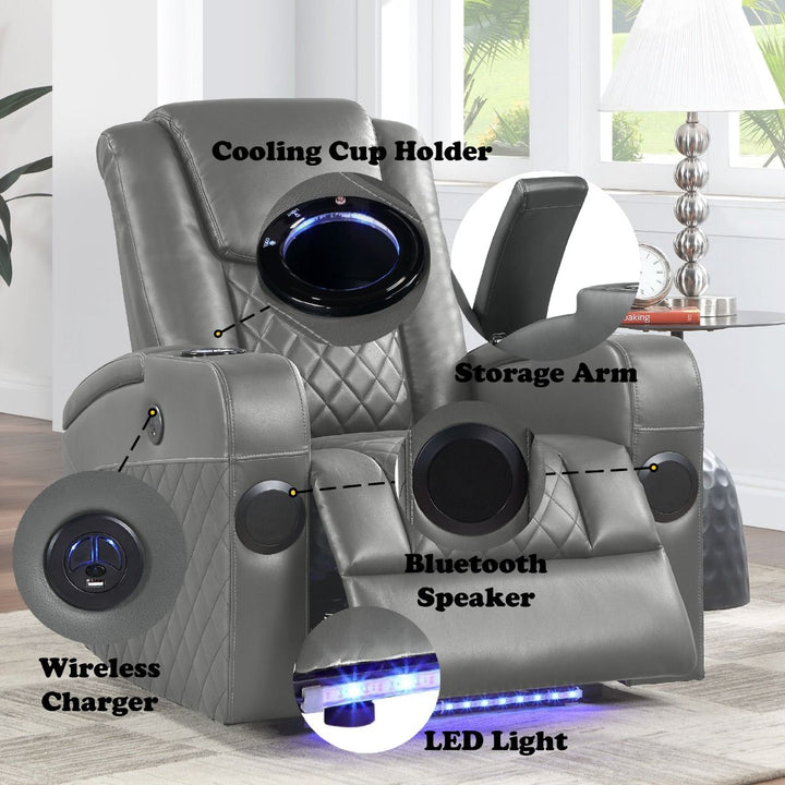 Alair Power Motion Recliner W/Bluetooth, Wireless Charger &amp; Cupholder – features callout