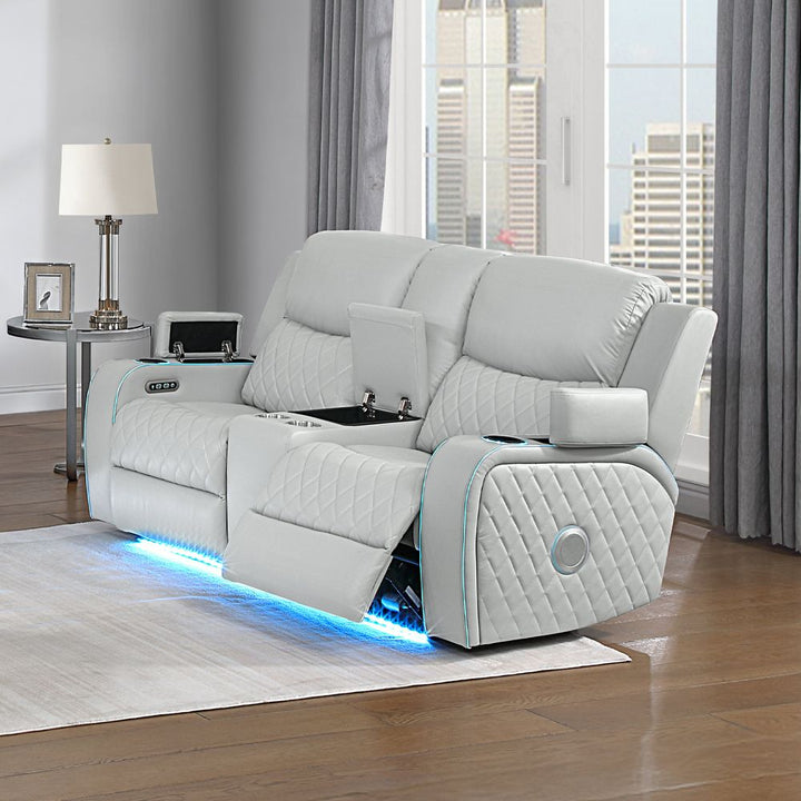 Elonzo Power Motion Loveseat w/Console, LED, Power Headrest &amp; Speaker