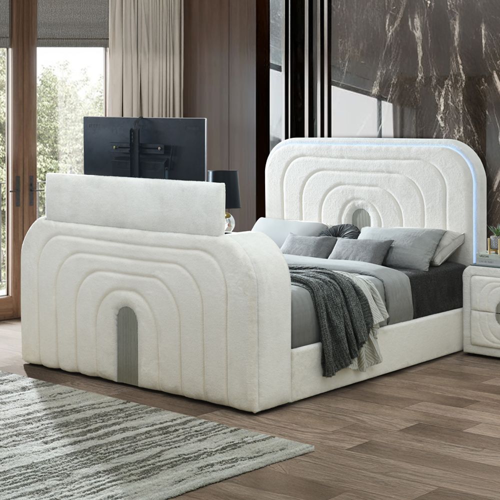 Shelyn Eastern King Bed with LED, TV Cabinet, Fireplace & Bluetooth