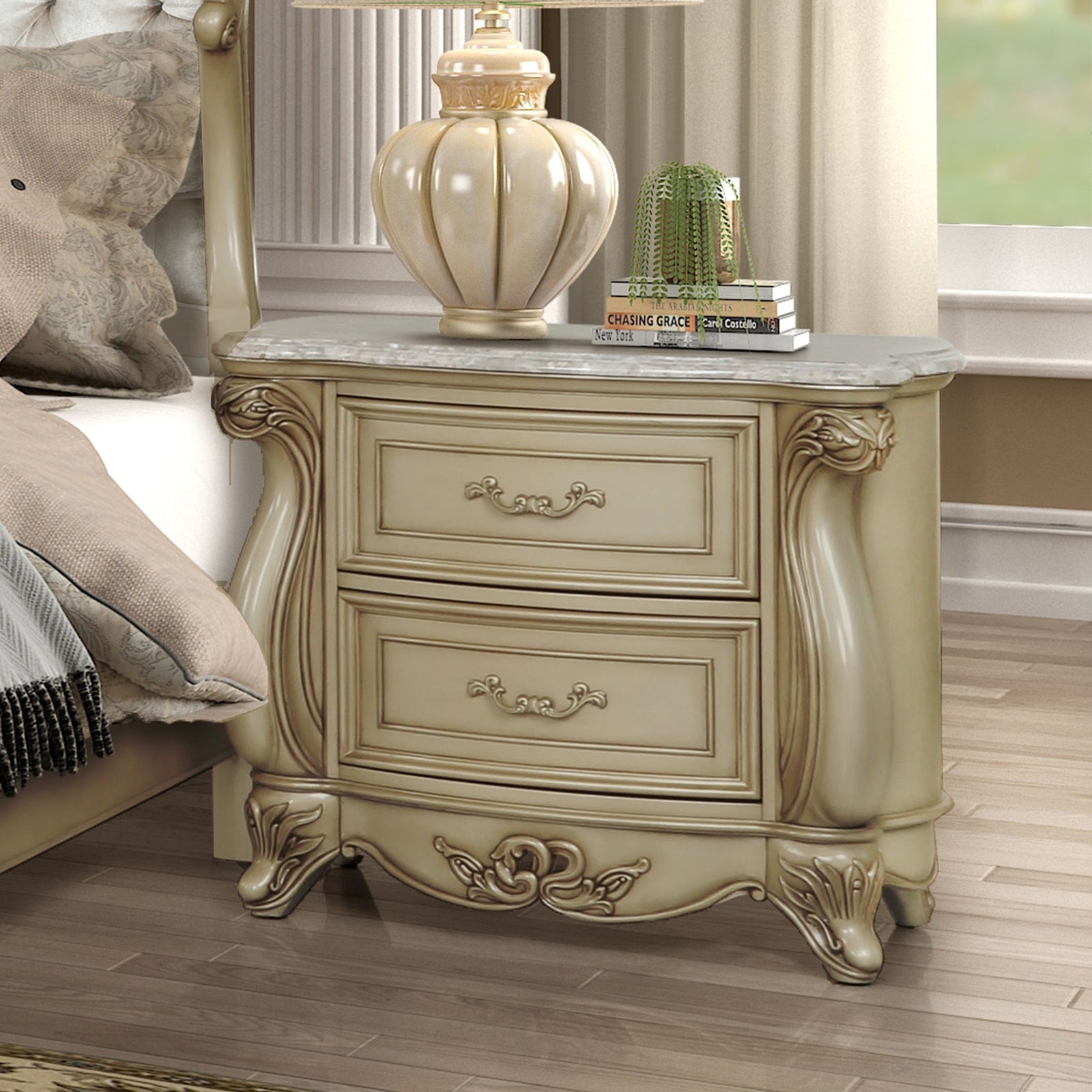 Monique Nightstand W/marble Top-Champagne