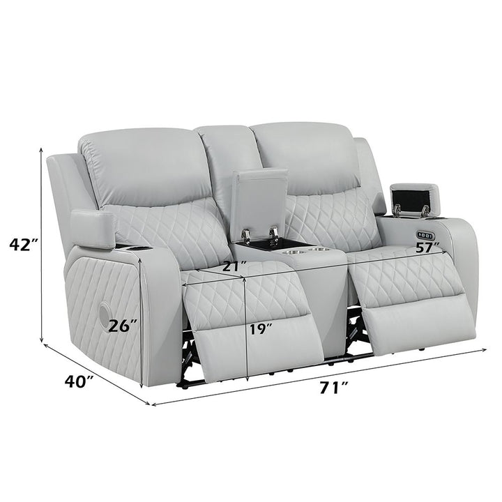 Elonzo Power Motion Loveseat w/Console, LED, Power Headrest &amp; Speaker – dimensions diagram