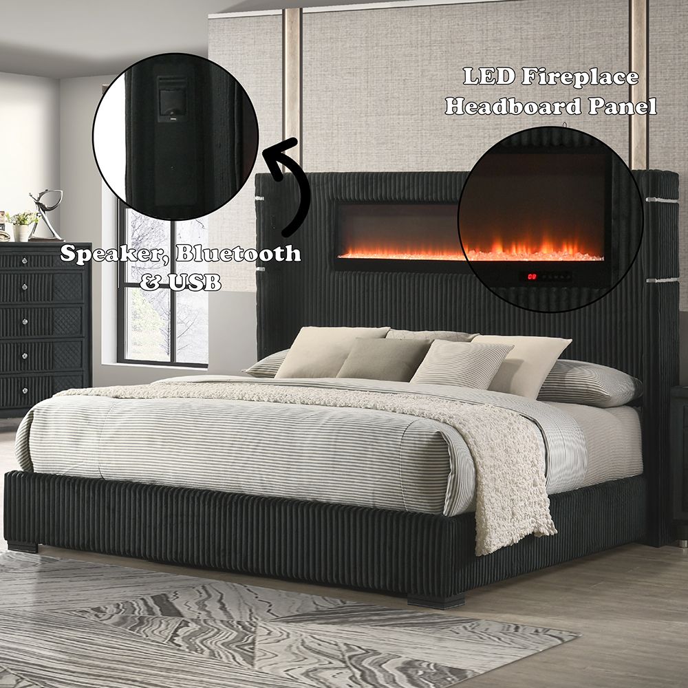 Garner EK Bed w/Fireplace, LED, Reading Light, Speaker, Bluetooth & USB – features callout