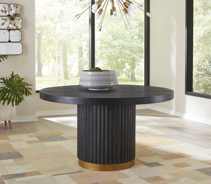 Modus Furniture 8Zu562 Kentfield Wood And Metal Round Dining Table In Black Drift Oak And Brass
