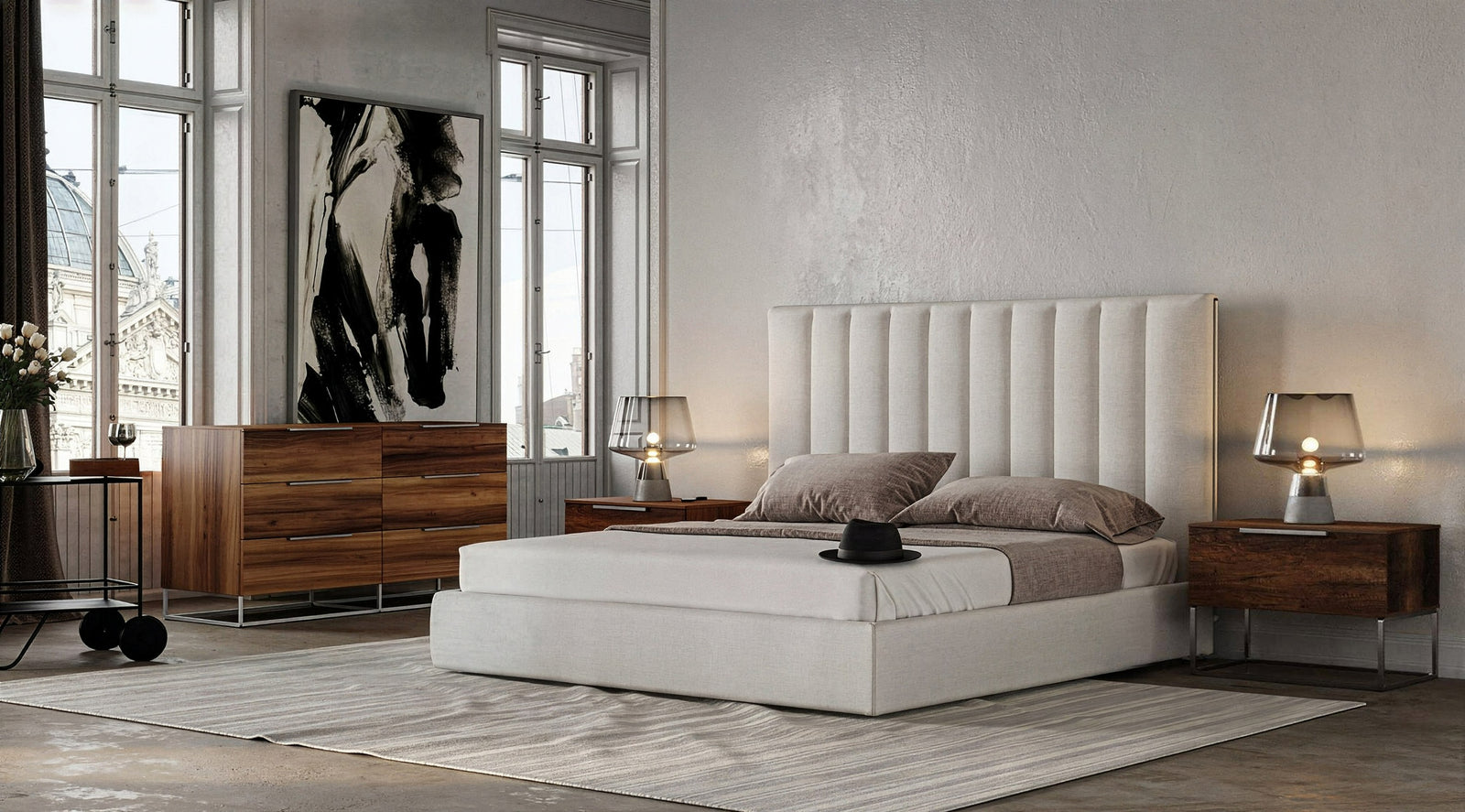 Valhalla  Lorenzo - Modern White Fabric  Light Oak 4-Piece Bedroom Set