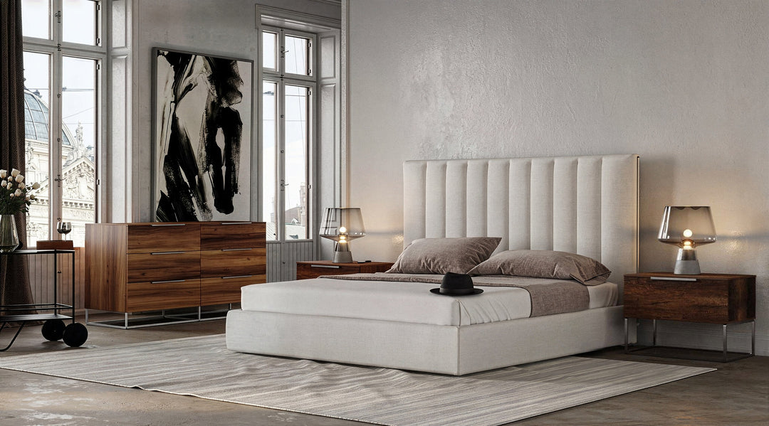 Queen Valhalla + Lorenzo - Modern White Fabric + Light Oak 4-Piece Bedroom Set