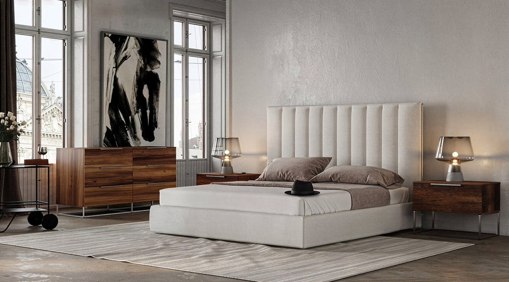Eastern King Valhalla + Lorenzo - Modern White Fabric + Light Oak 4-Piece Bedroom Set