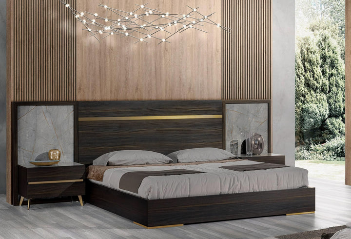Velondra - Modern Eucalypto + Marble Bed with Two Nightstands