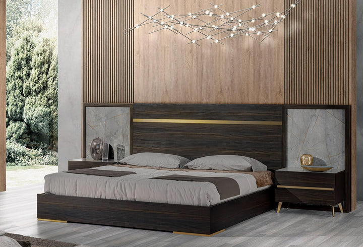 Velondra - Modern Eucalypto + Marble Bed with Two Nightstands
