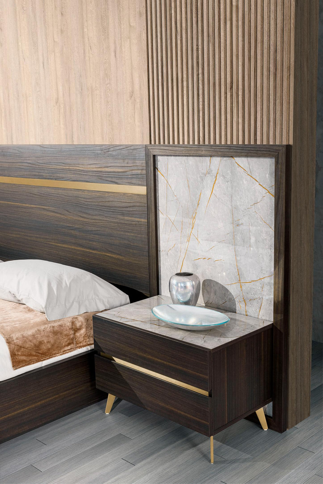 Velondra - Eastern King Modern Eucalypto + Marble Bed with Two Nightstands