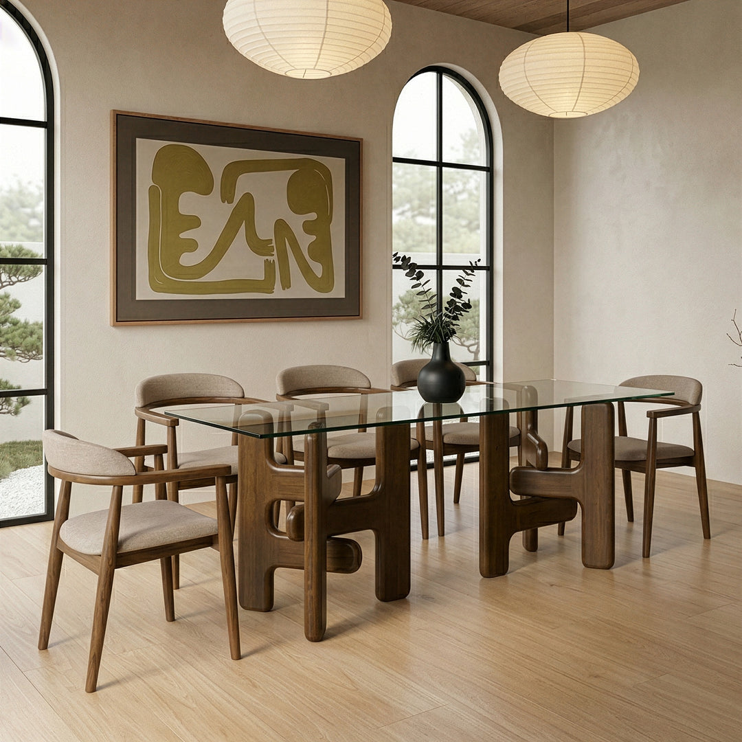Velshi - Modern Glass + Walnut Rectangular Dining Table
