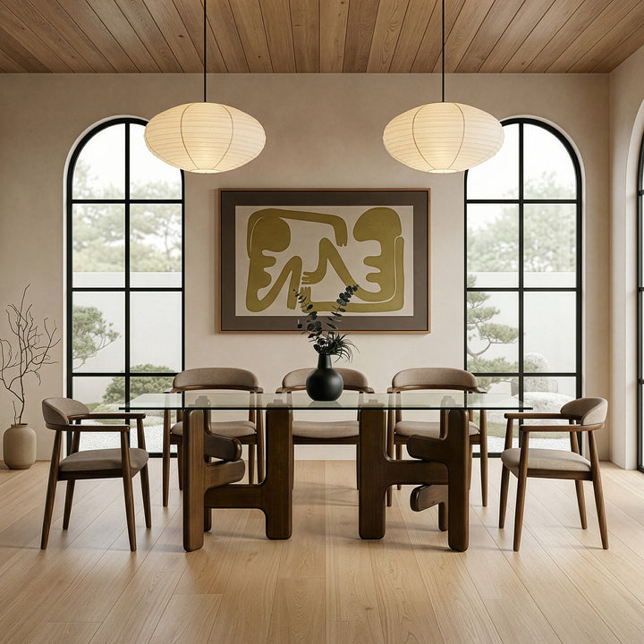 Velshi - Modern Glass + Walnut Rectangular Dining Table