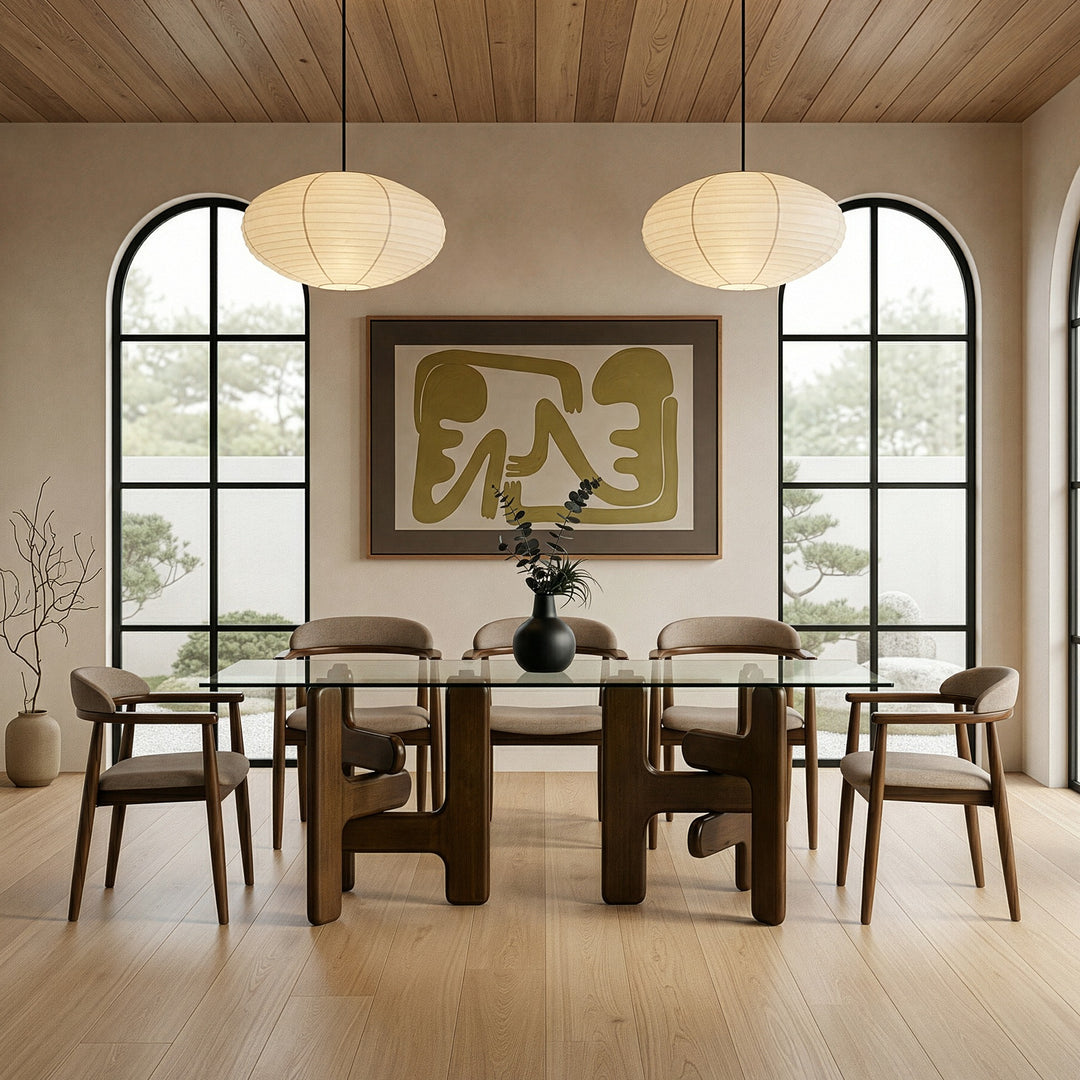 Velshi - Modern Glass + Walnut Rectangular Dining Table