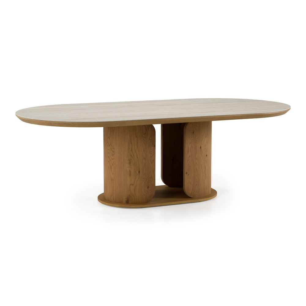 Walbrook - Modern Faux Travertine Ceramic + White Oak Oval Dining Table