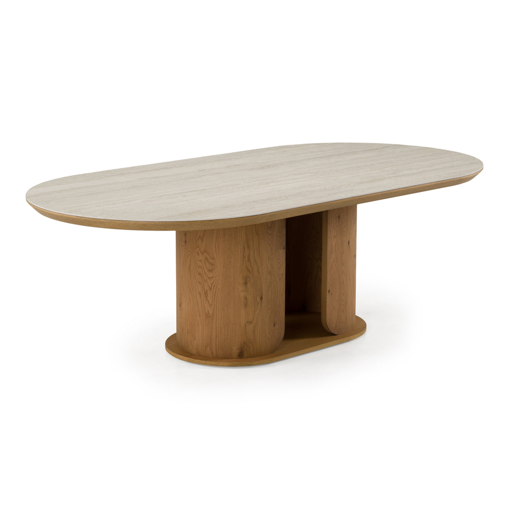Walbrook - Modern Faux Travertine Ceramic + White Oak Oval Dining Table