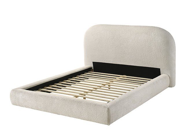Whitnash Ivory Upholstered Platform Bed with Rounded Headboard – Modern Design Platform Bed modern furniture Contempo Furniture