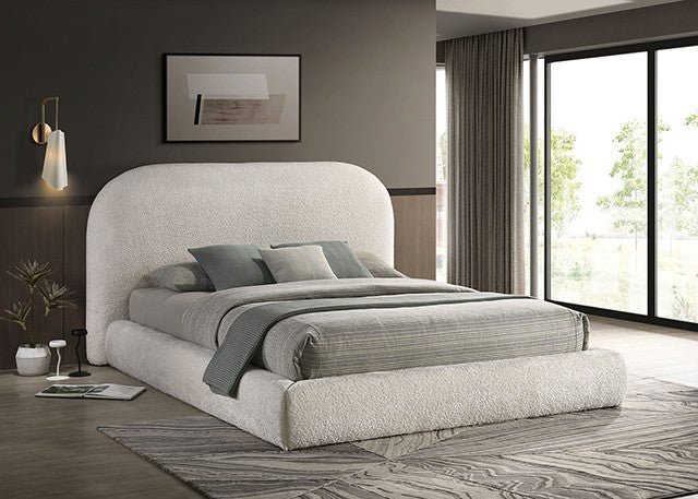 Whitnash Ivory Upholstered Platform Bed with Rounded Headboard – Modern Design Platform Bed modern furniture Contempo Furniture